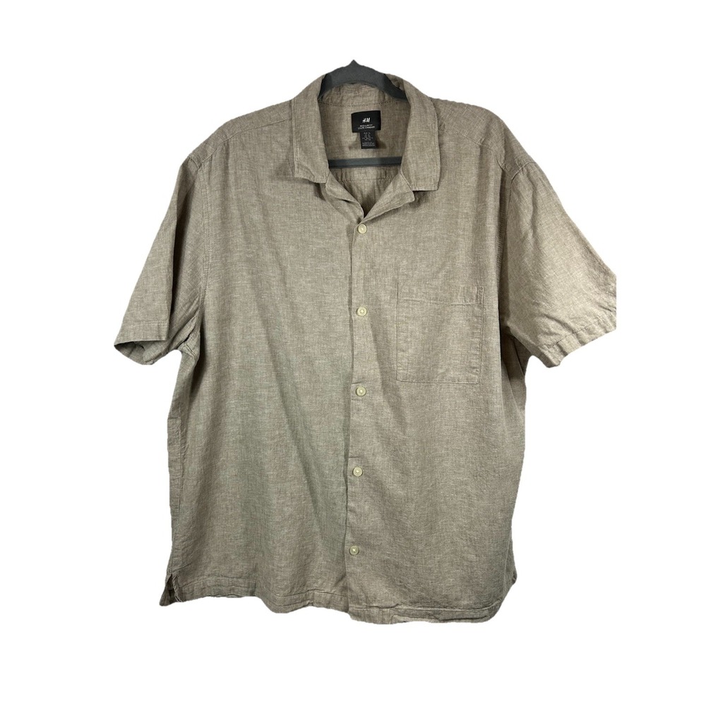 H&M Linen Blend Shirt Men XL Beige Regular Fit Short Sleeve Summer Quiet Luxury